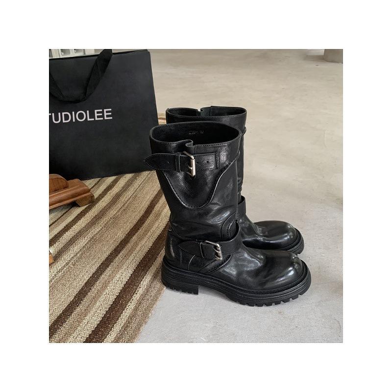 Cowhide grape ma medium boots washed horse leather Kusa round head buckle with thick-soled knight boots women's slim locomotive boots