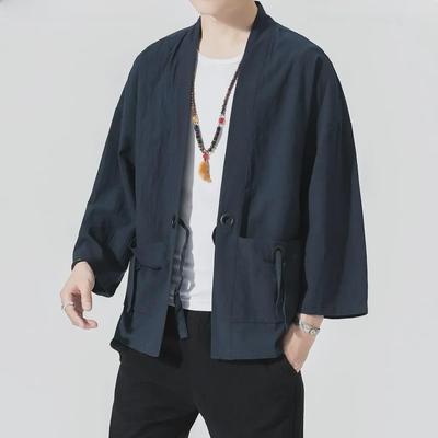 Men's Summer Linen Kimono Cardigan - Three-Quarter Sleeve Robe Cape
