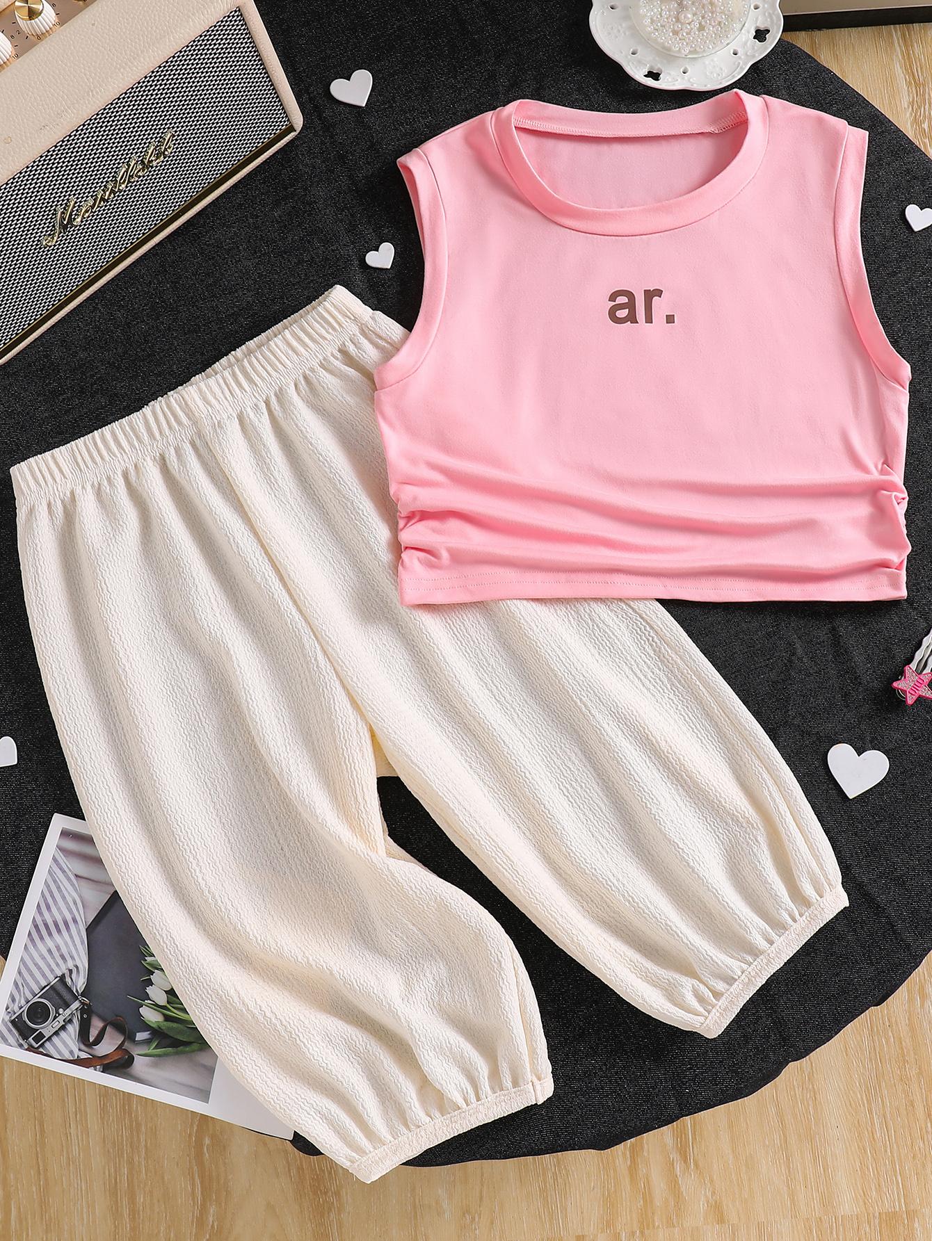 Girls 2-Piece Set: Cute Letter-Print Sleeveless Tank Top with Cinched Waist Paired with Textured Trousers (Spring/Summer Outfit) 4Y розовый