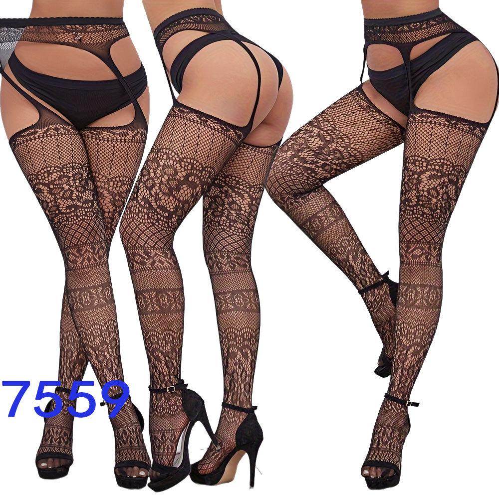New style open crotch lace transparent suspender black silk sexy fishnet stockings non-slip one-piece suspender belt for women
