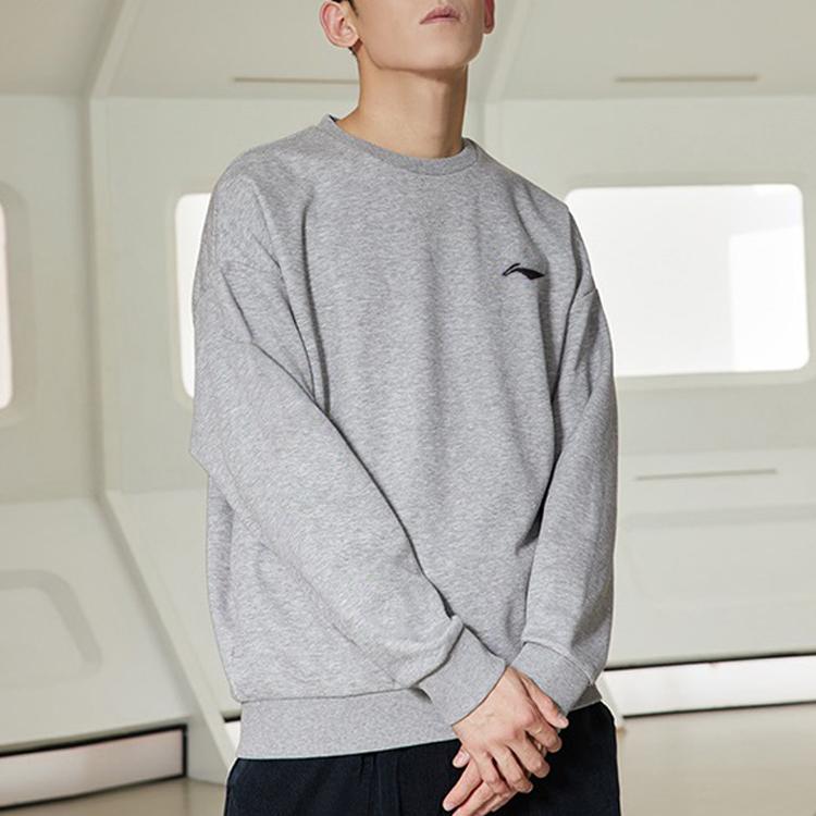 Li Ning Solid Color Crew Neck Pullover Sweatshirt And Cuffed Fleece Sports Pants Set Men Sweatshirt And Pants Set Gray Black AWDT615-2+AKLSC99-1