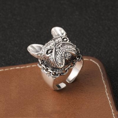 Adjustable Open Ring Men Women Sterling Retro Vintage Dog Head Geometric Statement