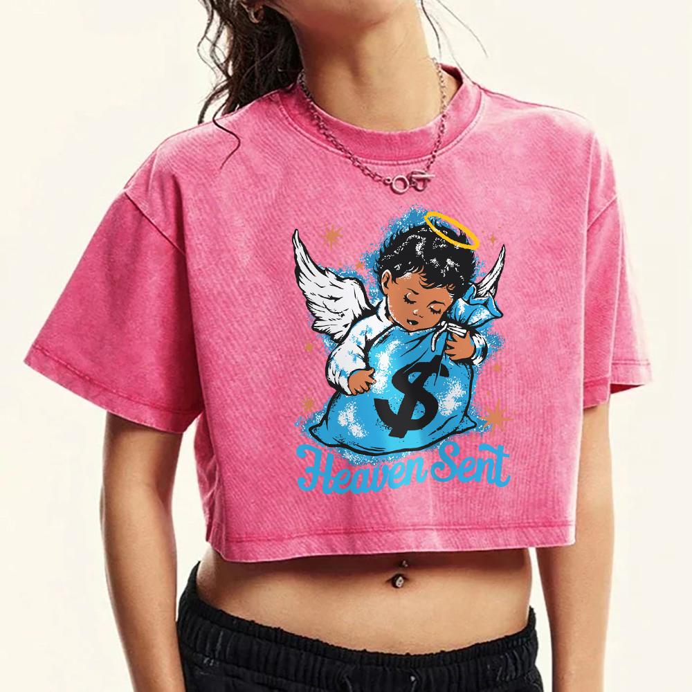 The Angel Boy Who Sent Money Printed Women Washed T-Shirts Crop Top Street Tee Shirts Fashion Cotton T Shirt