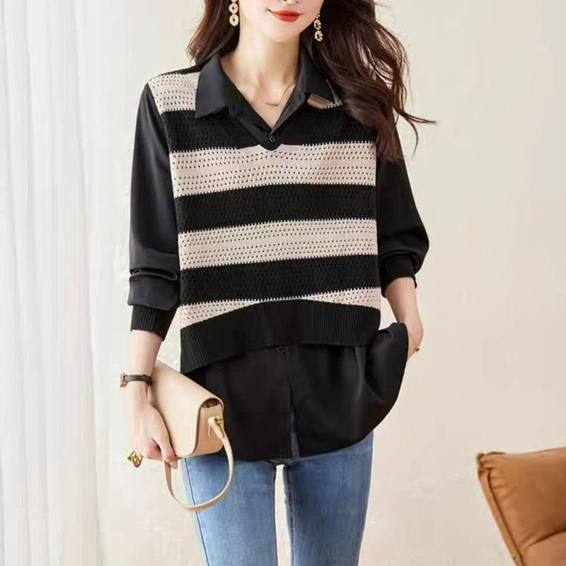 Stitching Hemden, Fake-Zweiteiler Pullover, Damen Western Stil, Altersreduzierende Oberbekleidung, Modische Gestreifte Strickwaren, Damen