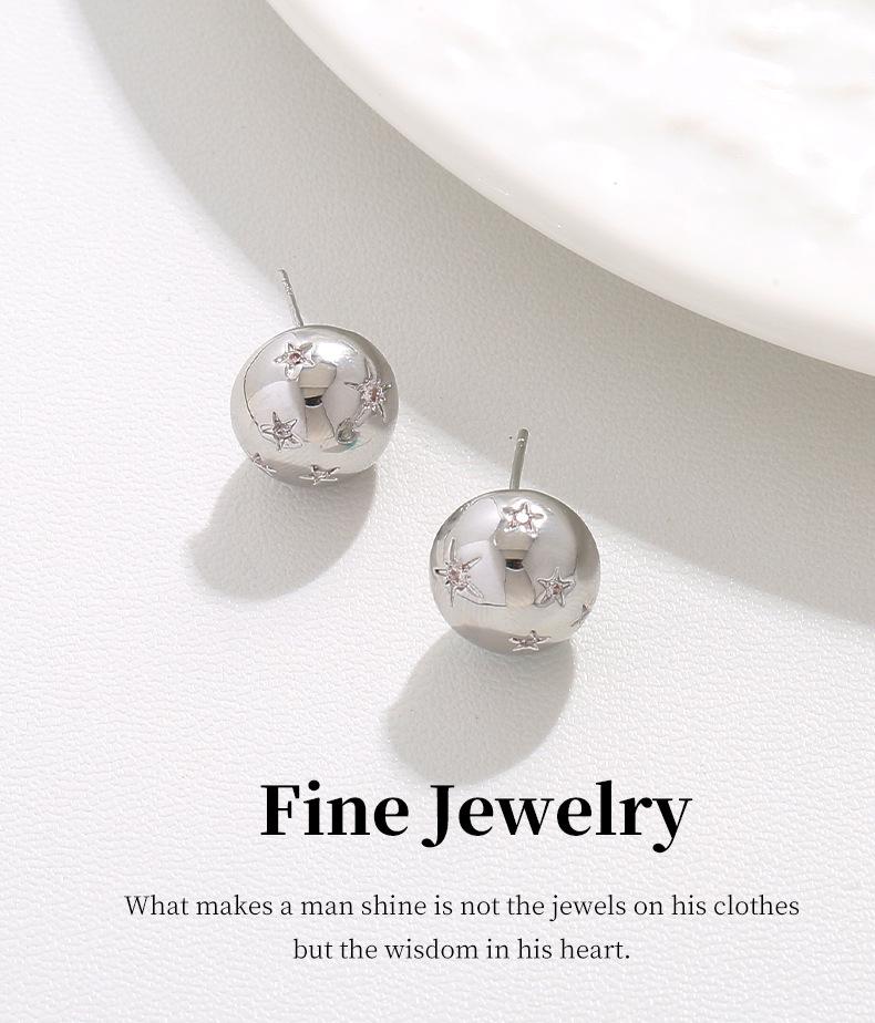 S925 Silver Needle Smooth Round Ball Star Stud Earrings - Stylish Niche Design for Women