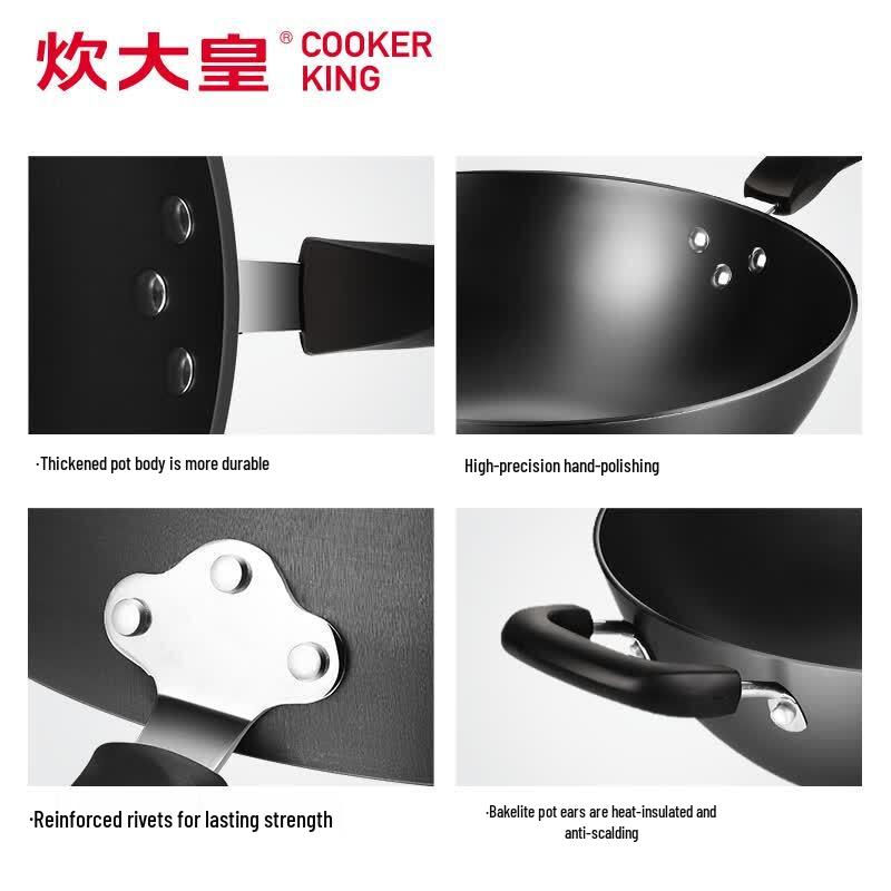 COOKER KING Non-Coated Cast Iron Wok with Standable Lid