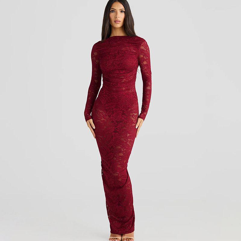 

Western Style Ins New Lace Perspective Slim fit Long dress Sexy Backless Hollow out Long sleeve Sheath Dress Red L