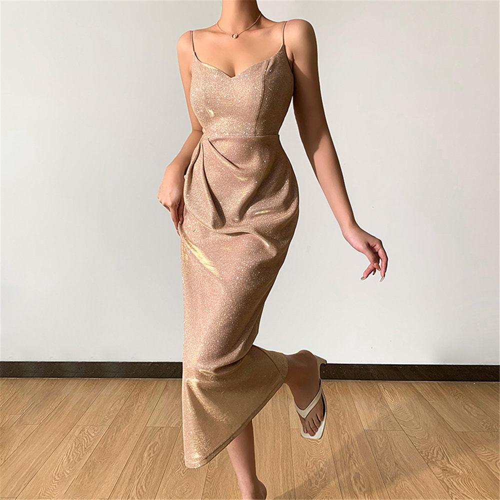 Women Sexy Glitter Sequins Dress Elegant High Slit Spaghetti Straps Bridesmaid Dress for Party Gown Evening Prom