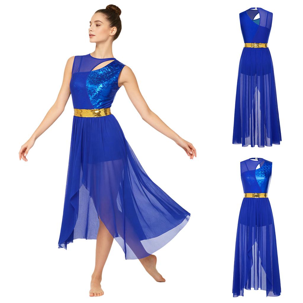 Women Lyrical Worship Dance Dress Sequined Waist Belt Sleeveless Metallic Shiny Patchwork Irregular Mesh Hem Built-in Shorts for Church Liturgical