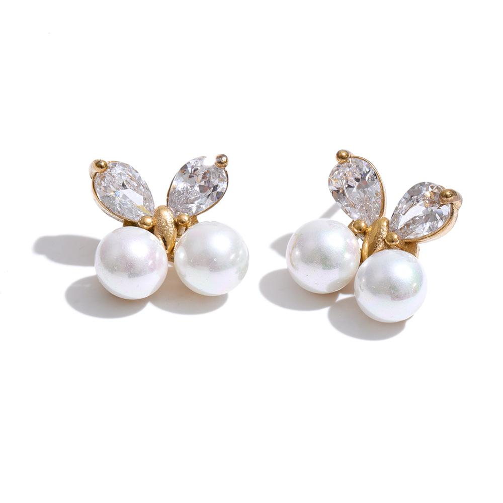 

Yhpup Stainless Steel Bling Zirconia Pearls Butterfly Small Stud Earrings for Women Daily Stylish 2026 Dainty Fresh Jewelry
