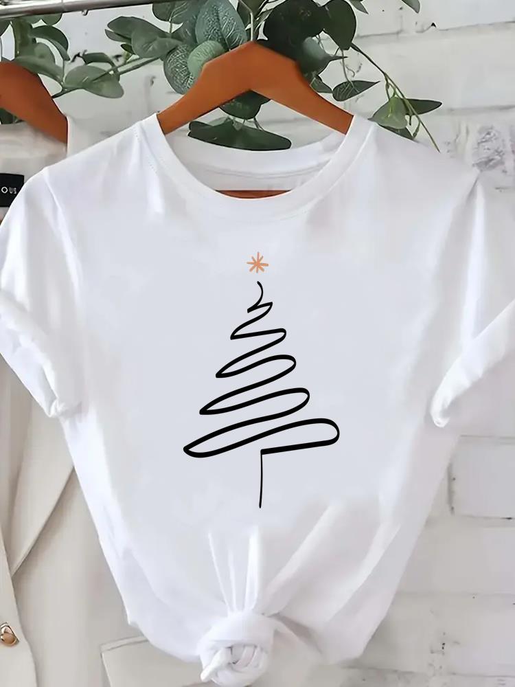 (Asian Size) Watercolor Cute 90s Short Sleeve T-shirts  Print Merry Christmas O-neck Women's Top New Year T Clothing Fashion Holiday Graphic Tee