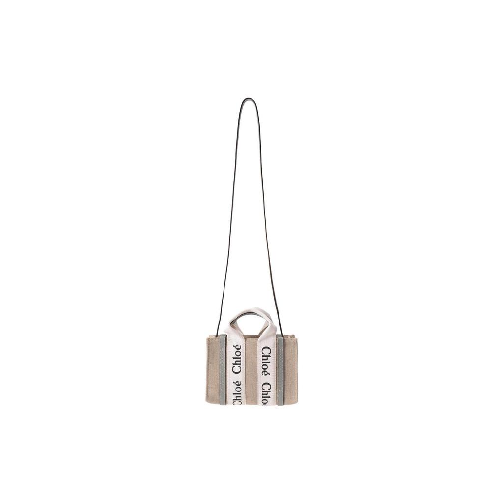 Chloe Woody Logo Print Leinen Canvas und Glattes Kalbsleder Tragetasche Damen Tragetaschen CHC22-AP237I26-012