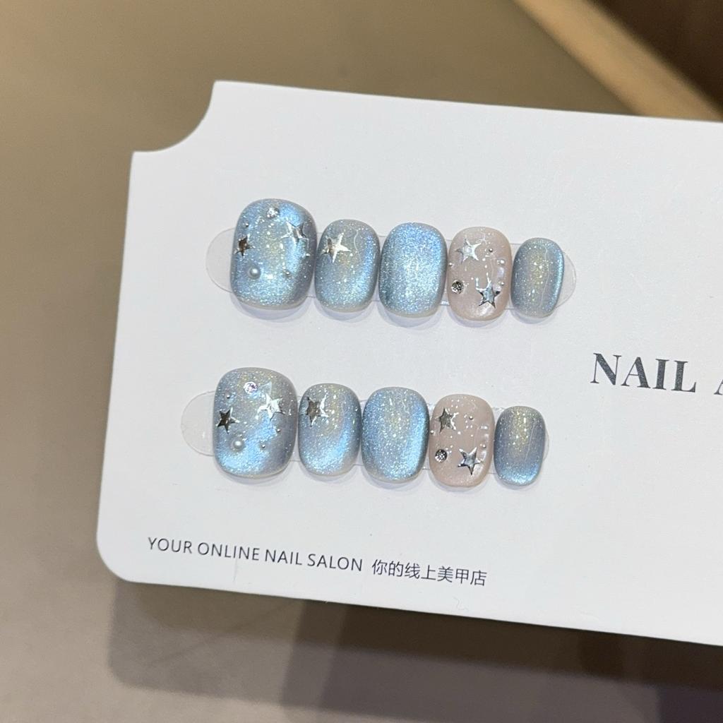 Blue Glass Beads Cat's Eye Pure Hand-worn Armor White Simple Short High-end Nail Patch Fake Nails