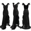 European & American Sexy Feather Sequin High Slit V-Neck Open Back Party Dress
