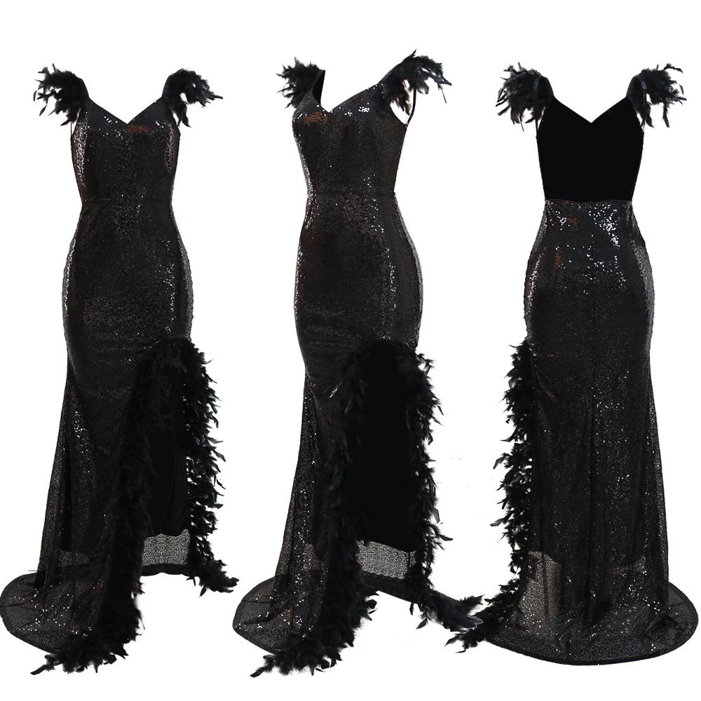 European & American Sexy Feather Sequin High Slit V-Neck Open Back Party Dress