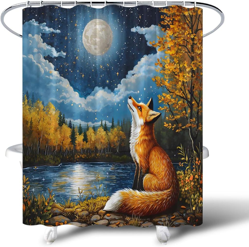 Fox Shower Curtain Autumn Forest Moon Night Scene Starry Sky Wildlife Comping Hunting Nature Lake Fall Maple Leaf Watercolor