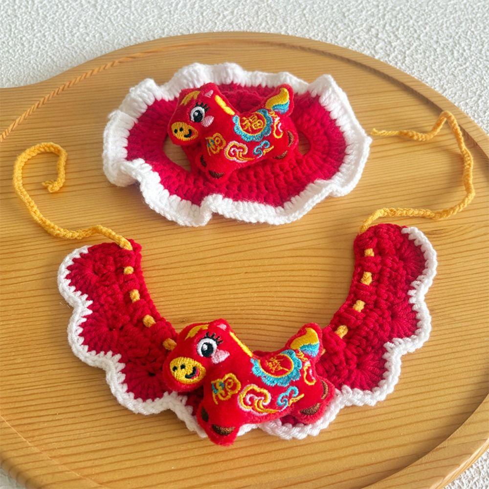 Funny Cartoon Chinese Style Pet Scarf Zodiac Horse Design Red Pet Knitted Hat Adjustable Elastic Cat Collar Pet Costume