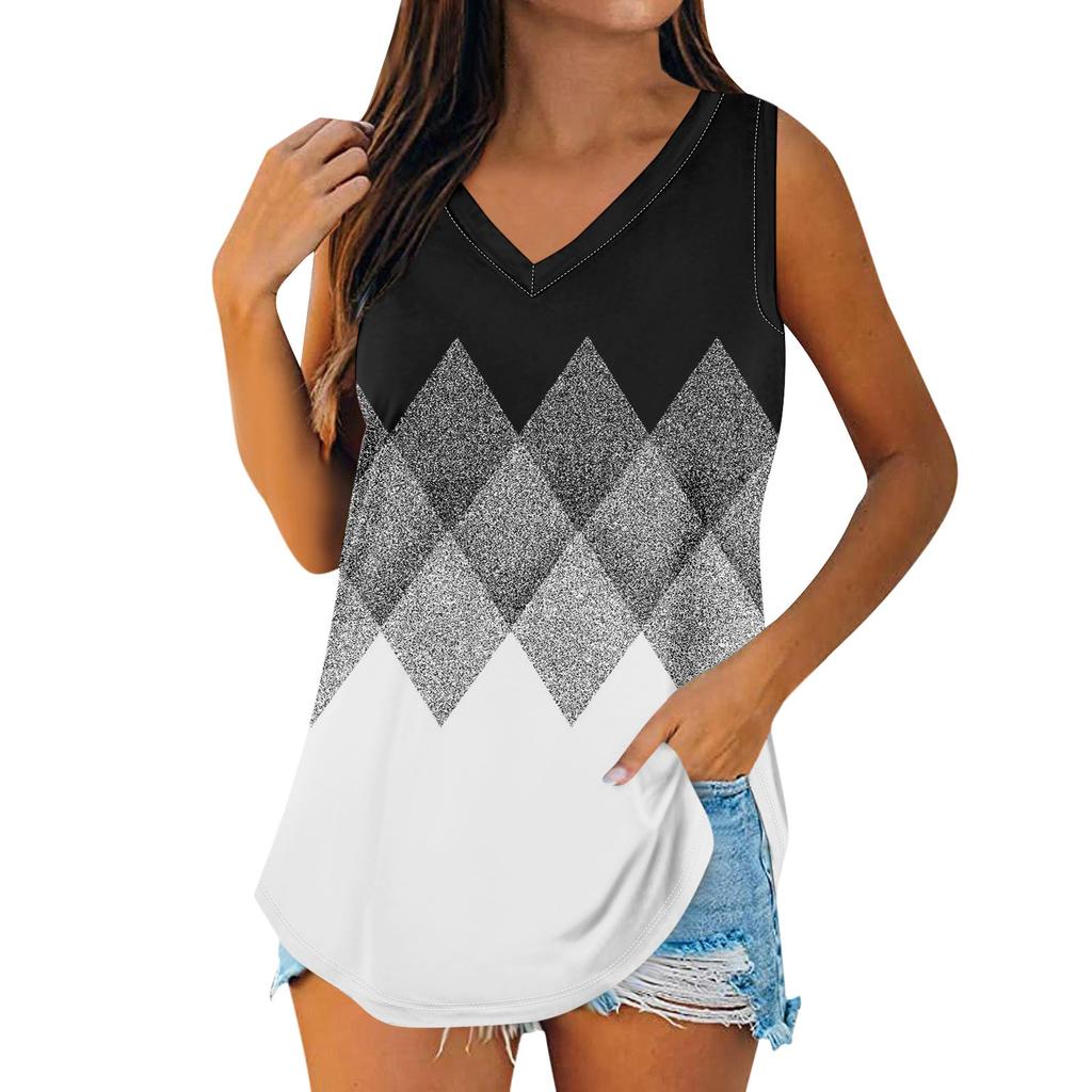 Women Summer Sleeveless Casual Printed V Neck T Shirt Tops Blouse