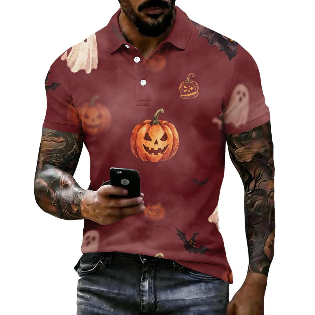 Men's Halloween Print Short Sleeve Polo Shirt Loose Fit Casual Summer Daily Wear Button Down Collar Top