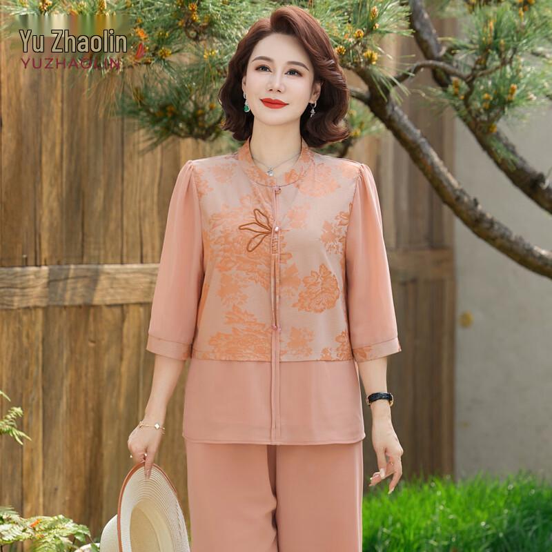 YUZHAOLIN New Chinese Style Mom s Summer Jacquard Chiffon Top Set 3XL