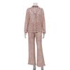 Women's Sheer Lace Lapel Long Sleeve Shirt High Waist Long Pants Sexy Two Piece Outfit Nightwear Set