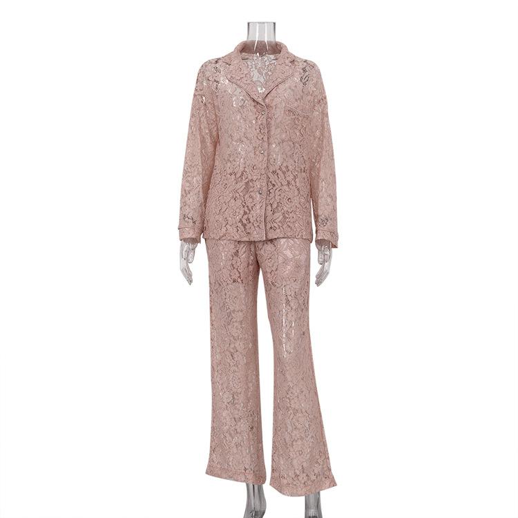Women's Sheer Lace Lapel Long Sleeve Shirt High Waist Long Pants Sexy Two Piece Outfit Nightwear Set