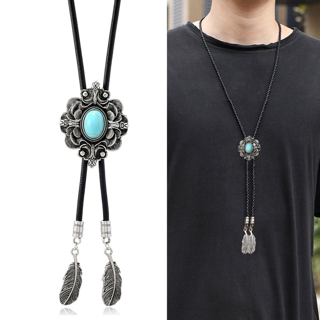 Men's Rodeos Western Leather Cord Bolo Tie Antique Floral Stone Jewelry Cowboy Necktie Necklace with Feathered Pendant
