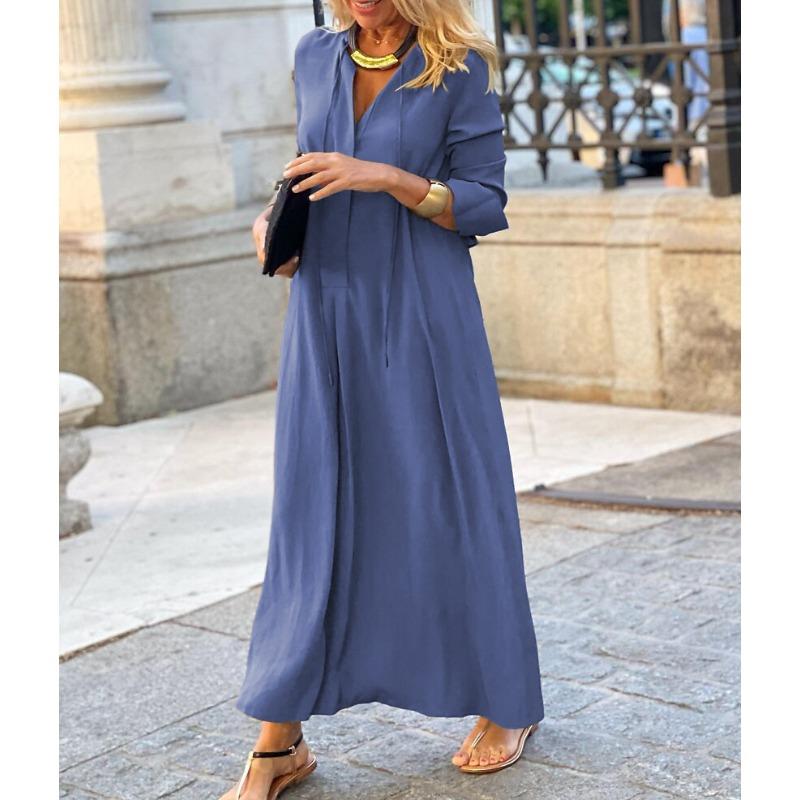 IHUASU Fashion Autumn Winter Solid Color Print Long Sleeve V-Neck Casual Dresses International design