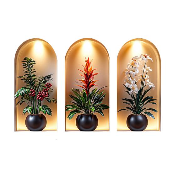 3Pcs 3D Flower Wall Stickers, Realistic Flowers Vase Wall Decals, Waterproof Self-Adhesive Potted Plants Stickers, Greenery Wall Stickers for Living D
