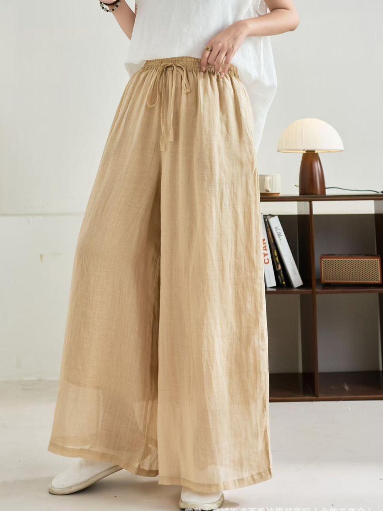 Linen Wide-Leg Pants - Spring 2026: Comfortable, Elastic Waist, Retro Artistic Style, Solid Color, Casual.