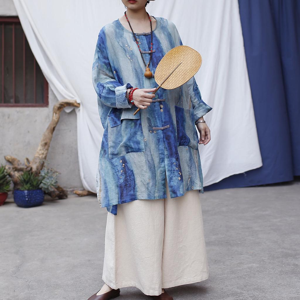 Johnature Vintage Herbsthemden O-Ausschnitt Fledermausärmel Blusen für Damen Knopf Patchwork Taschen Knopf Oberteile