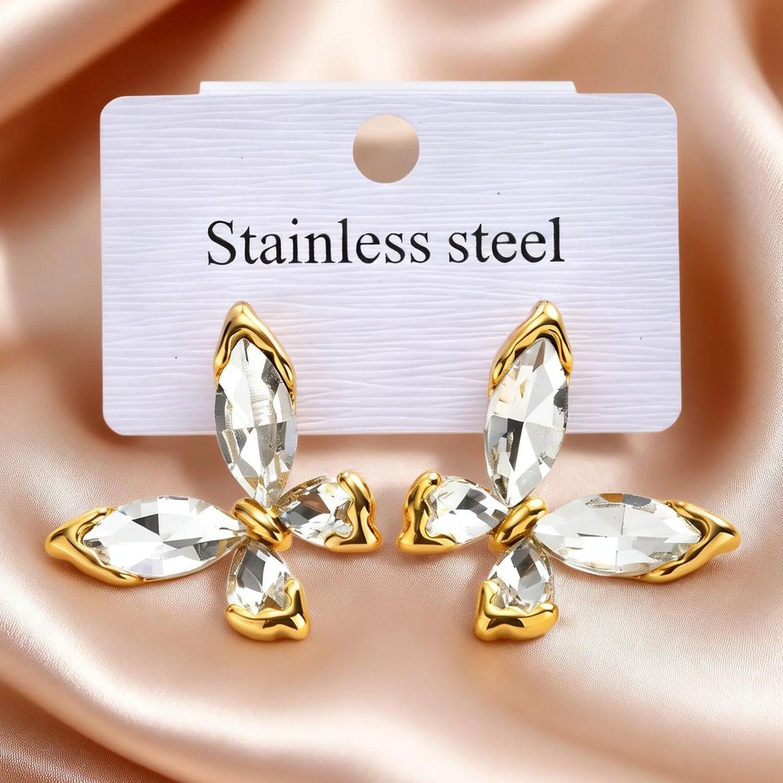 Trendy Dainty Zircon Butterfly Stainless Steel Stud Earrings for Women Fashion Luxury Gold Plated Statement Jewelry