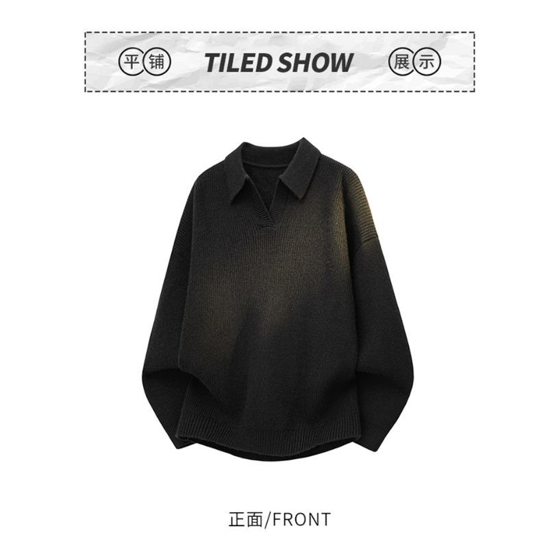 Men Casual Business Loose Long Sleeve Turn Down Collar V Neck Knit Polo Sweater