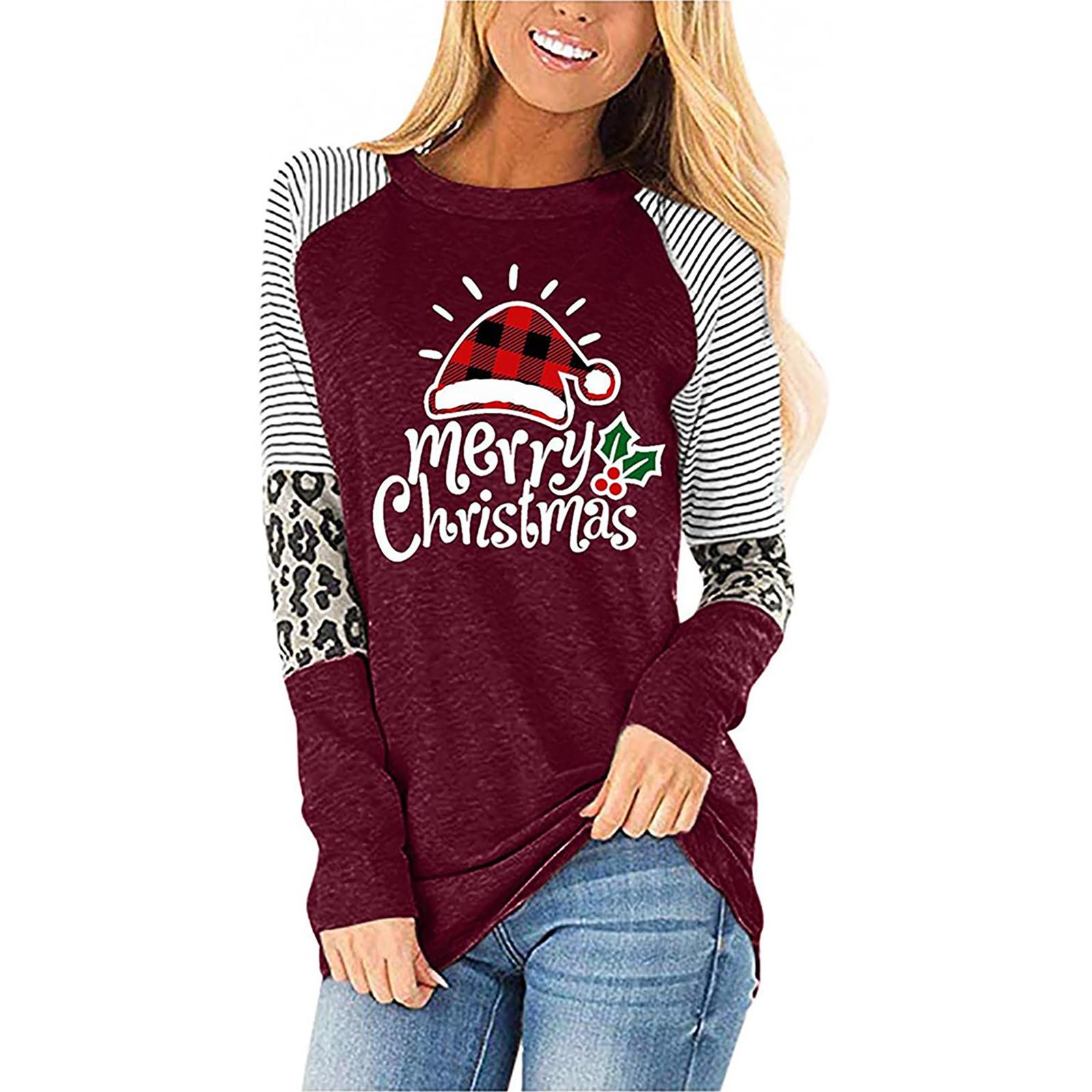 

Женские модные свободные топы с рождественским принтом и длинными рукавами и круглым вырезом XL винный