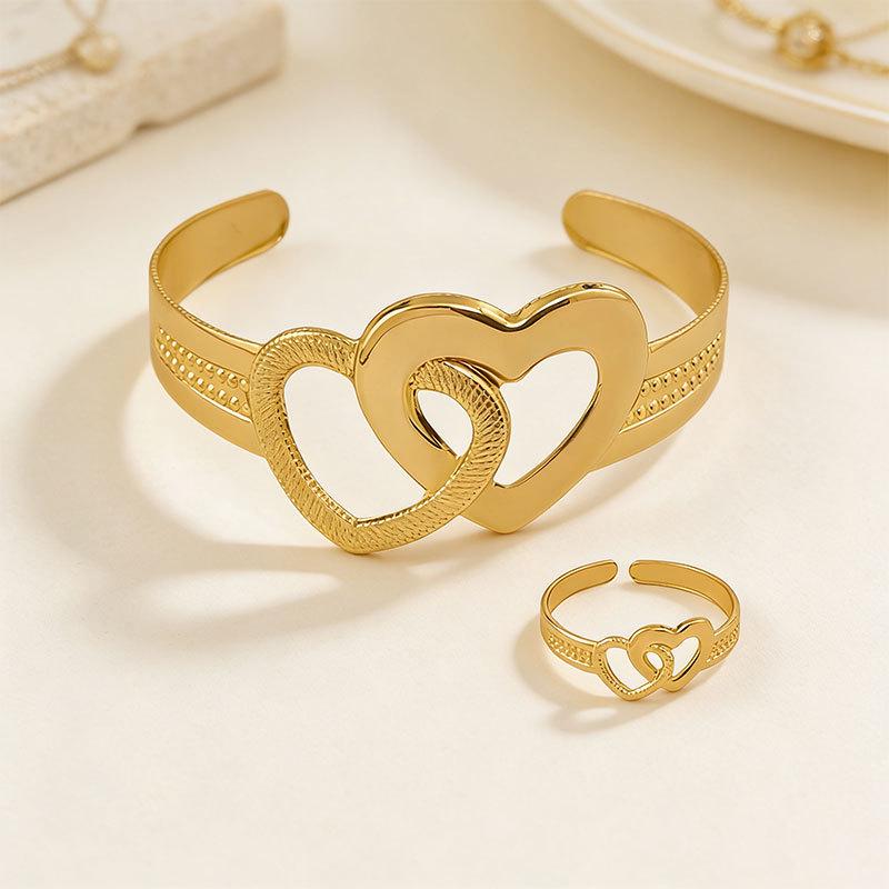 European & American Heart Ring and Bracelet Set: Korean Style, Open, Simple, Unique Design for Women