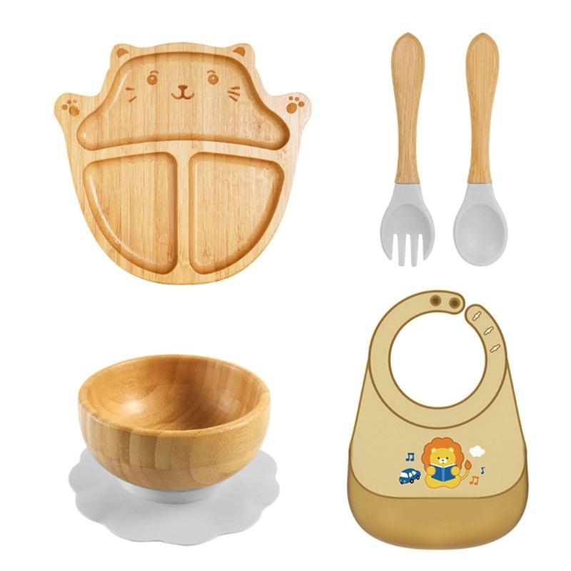 Cartoon Design Baby Fütterteller-Set Kinder Beikostschüssel mit stabilem Saugfuß für frühe Esser