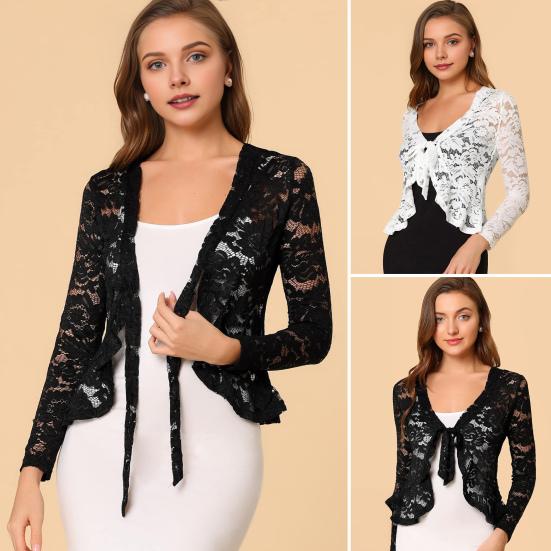 Lace Bolero for Women Tie Front Ruffle Hem Cardigan Long Sleeve Cover Up Jacket Formal Office Sheer Crop Shrug