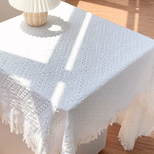 White Knitted Tablecloth, Small Knitted Tablecloth with Tassels, Bedside Tablecloth, Single Sofa Cover, Tablecloth for Small Coffee Table (90*90cm)