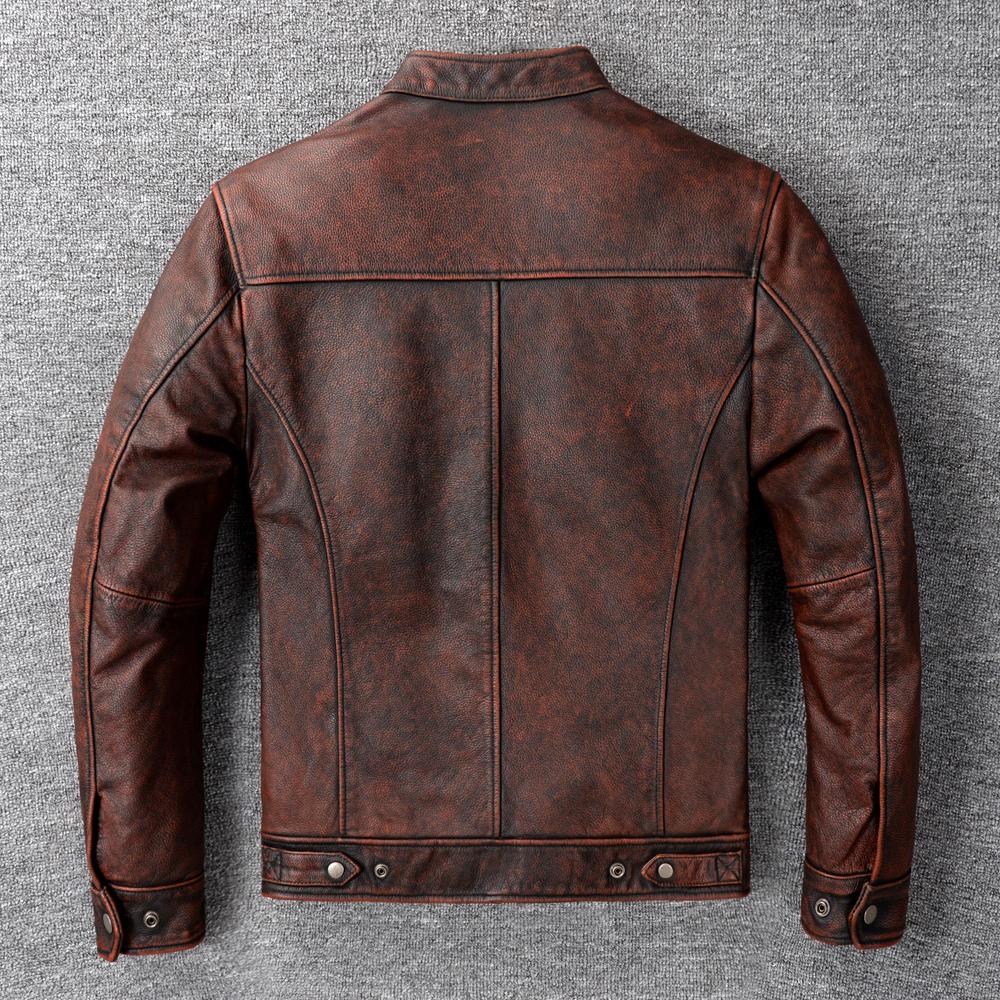 Vintage Red Brown Genuine Cow Men's Leather Jacket Slim Short Cowhide Coat Man Skin Clothes Spring Autumn