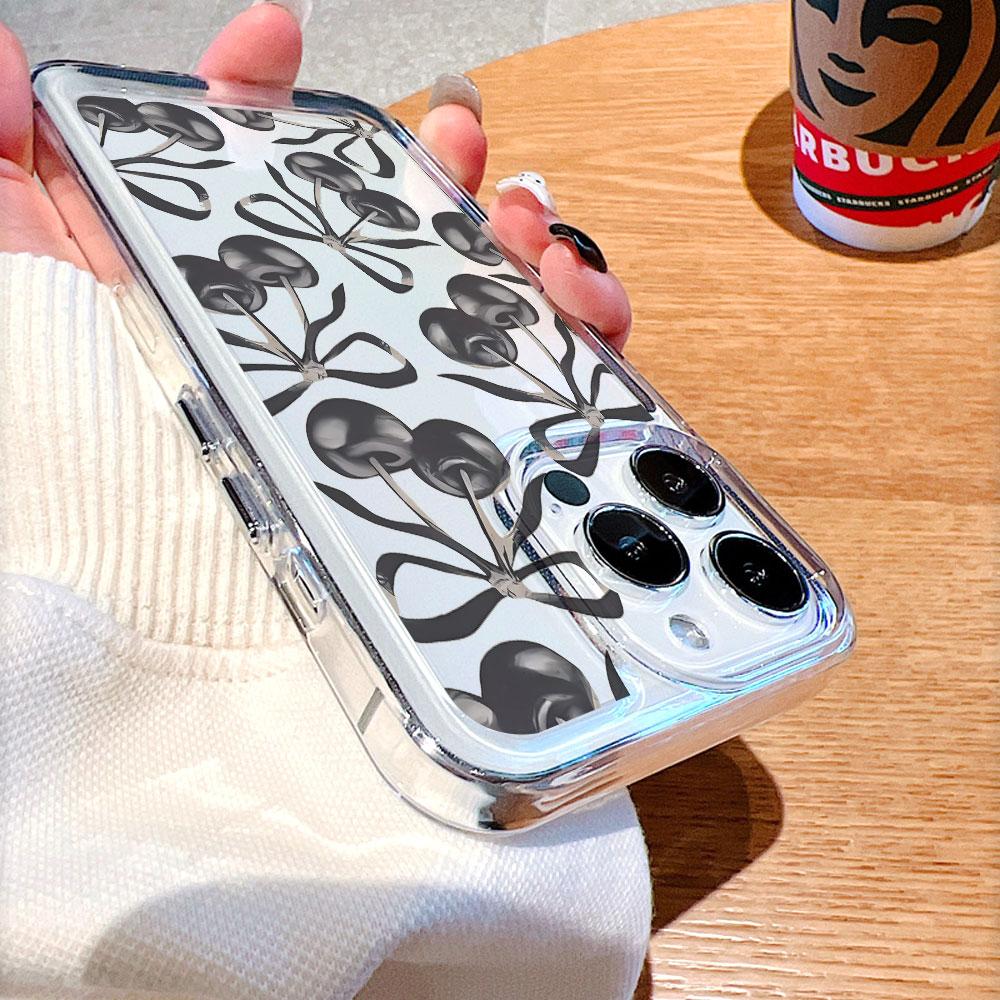 Black Cherries with Bows Lucency Phone Case for IPhone 14 15 16 13 12 11 17 Pro Max 12 13 Mini Soft Cover