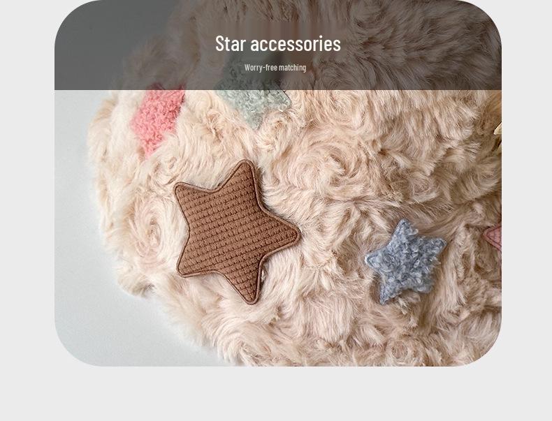 New Arrival: Women's White Star Plush Fisherman Hat - Japanese Style Winter Accessory