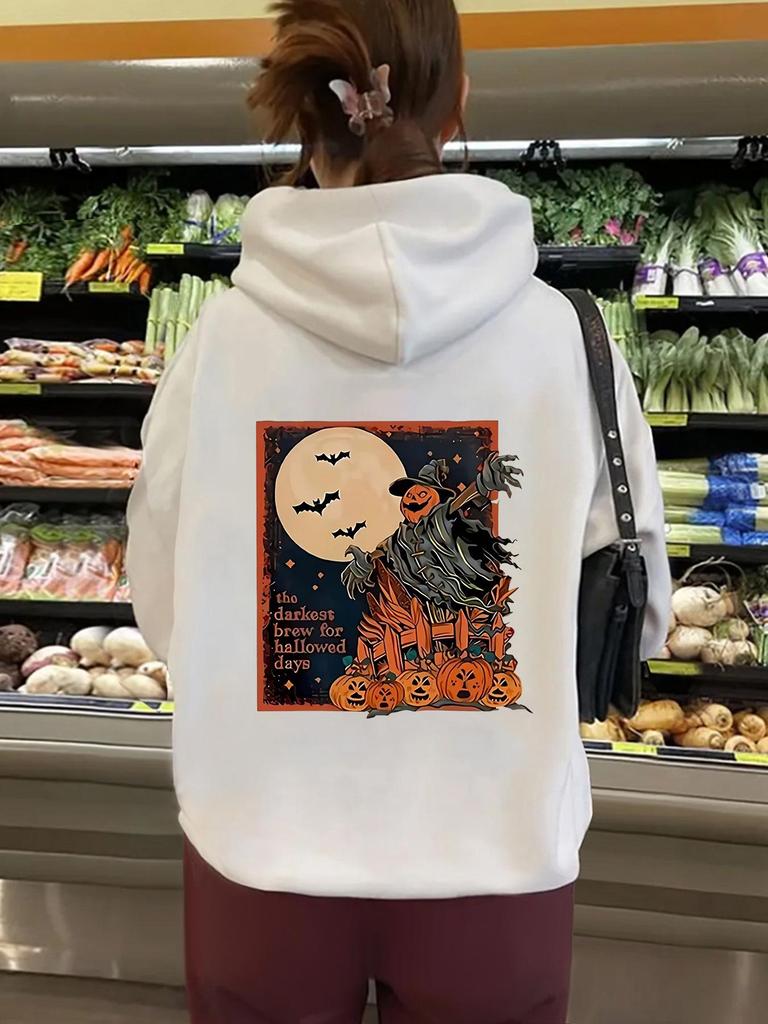 European Size Women's Halloween Print Kangaroo Pocket Hoodie - Long Sleeve, Plus Velvet, Autumn/Winter