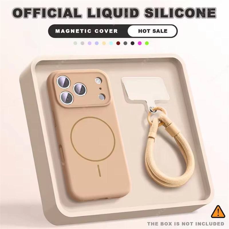 Magnetic Wrist Strap Liquid Silicone Phone Case For iPhone 12 13 16 17 Pro Max Air 15 14 16 Plus 16E Magsafe Lanyard Cover