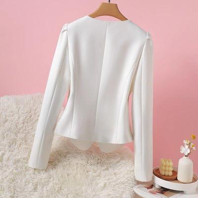 Damska marynarka bez kołnierzyka z bufiastymi rękawami, wąska, wiosna/jesień 2024