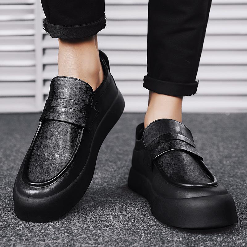 2024 Summer New Breathable Lazy Man Step On Thick Sole Casual Leather Shoes British Style Black Lucky Tidal Shoes