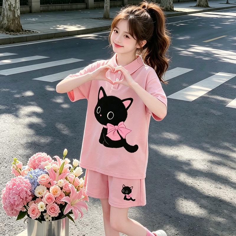 Girls' Summer Outfit Set, New Trendy and Thin Style, Girls' Polo Shirt Short-sleeved Sports Two-piece Set