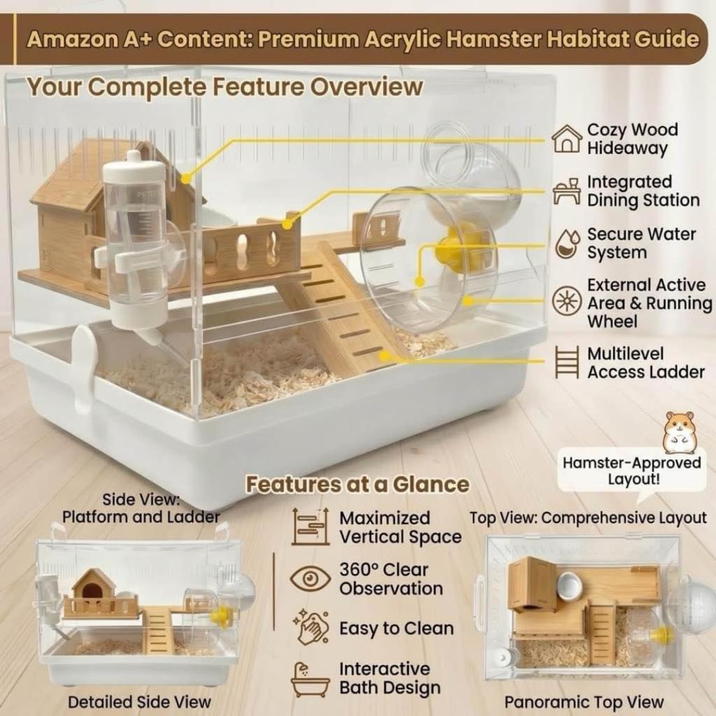 Clear Acrylic Hamster Cage Habitat, 2-Tier Small Animal Mouse Habitat with Wheel, Hideout & Accessories, Transparent Cage Hamster Starter Home