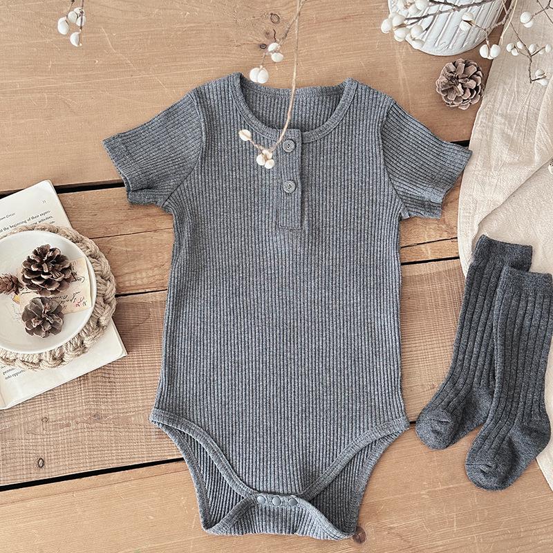 2025 A-Type Solid Color Pit Striped Baby Crawling Romper - Ins Style