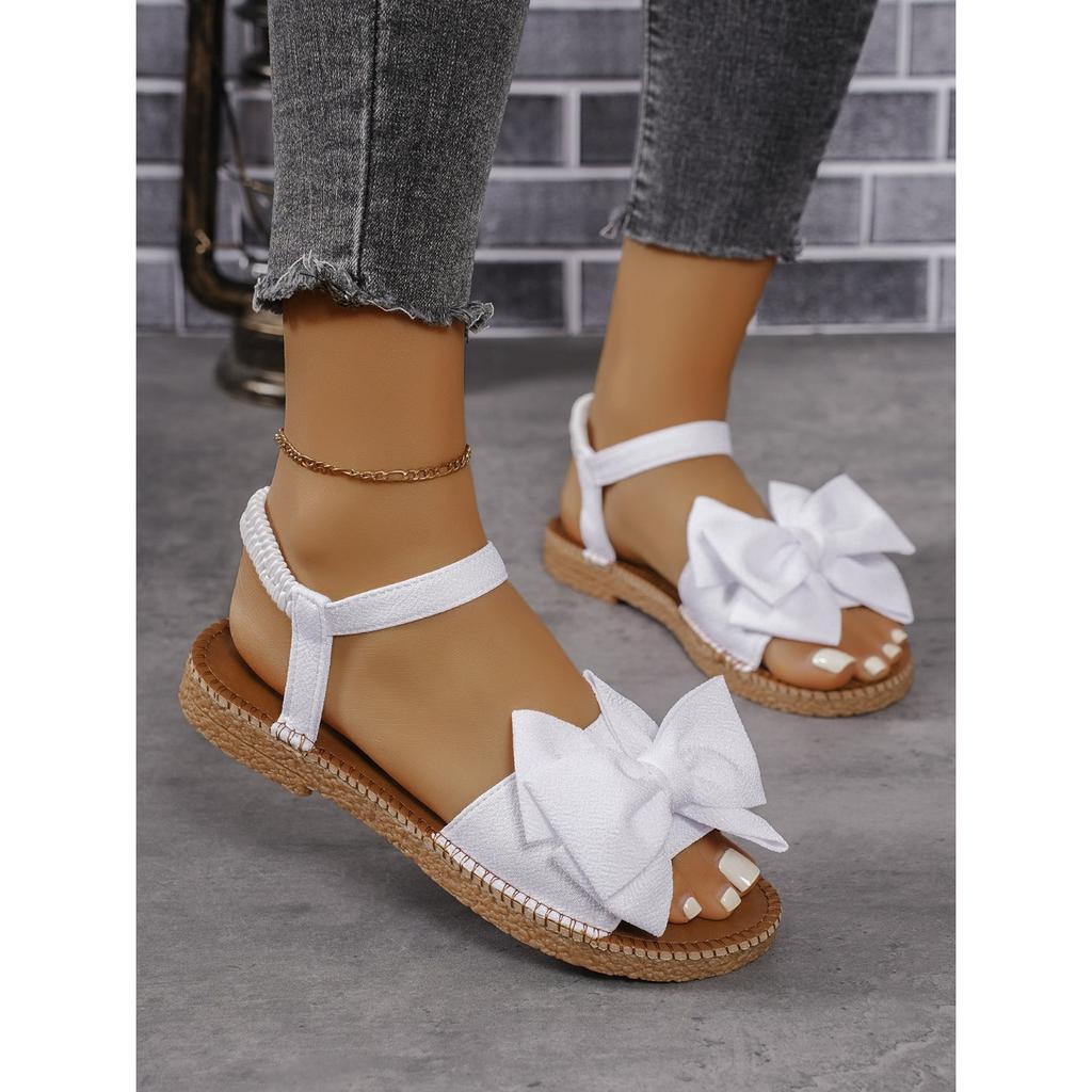 Letní módní ploché sandály s mašlí vpředu pro velké velikosti, pro dámy na nošení venku, na plážovou dovolenou a na běžné nošení