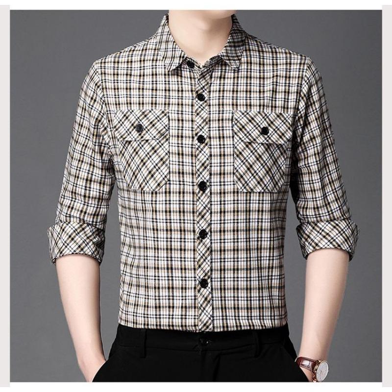 Men's Plaid Cotton-Linen Long Sleeve Shirt Casual Button-Down Top with Pockets 2.